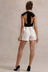 Rea | Black & White Velvet Plunge Neck Romper With Bow