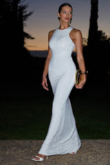 Escala | White Hotfix Racer-Neck Maxi Dress