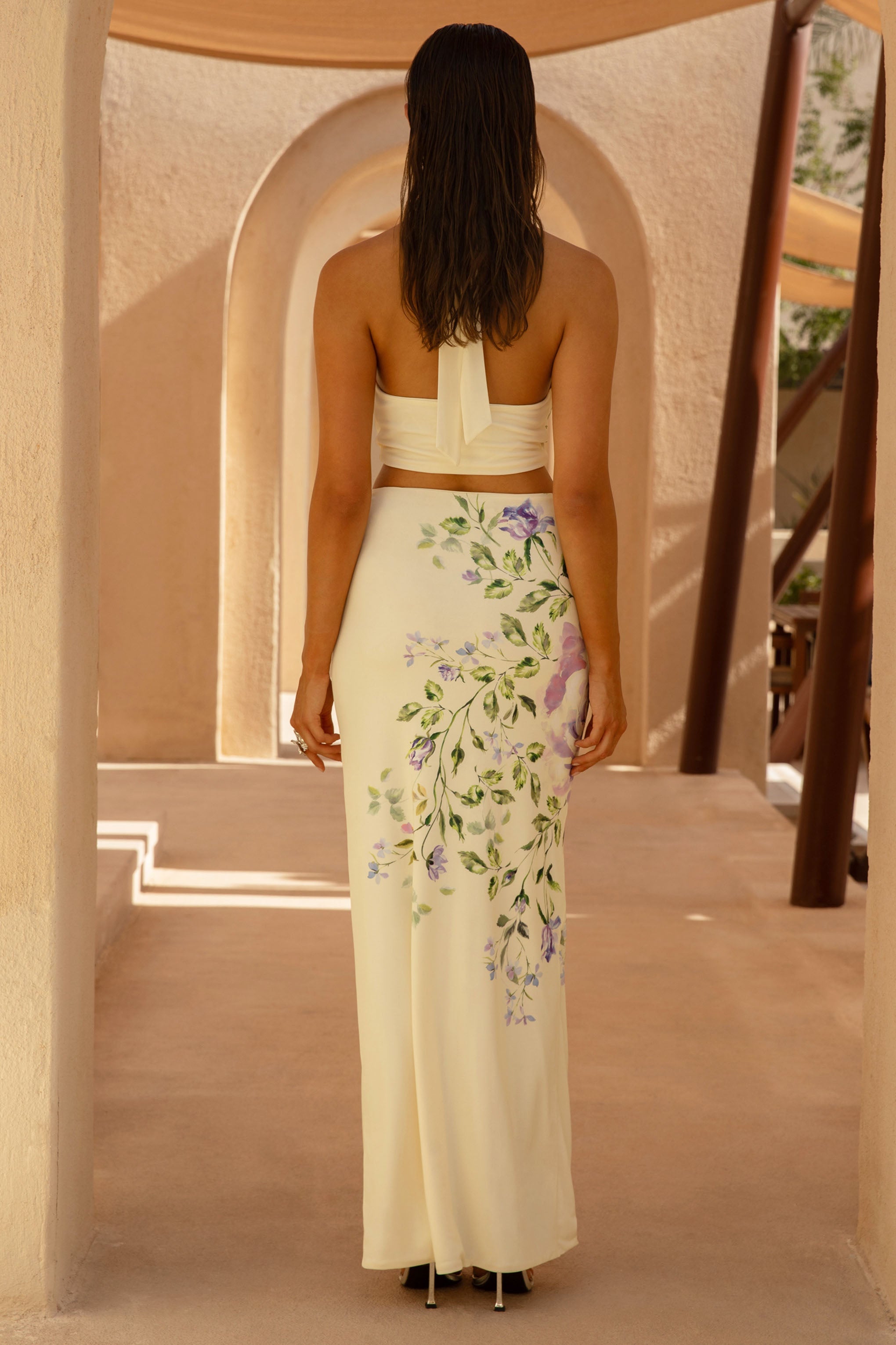 Stassi | Lilac Floral Placement Print Ruched Split Maxi Skirt