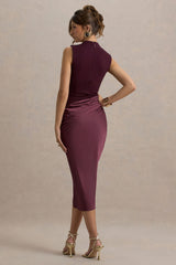All Yours | Dark Cherry Satin High-Neck Wrap Midi Dress