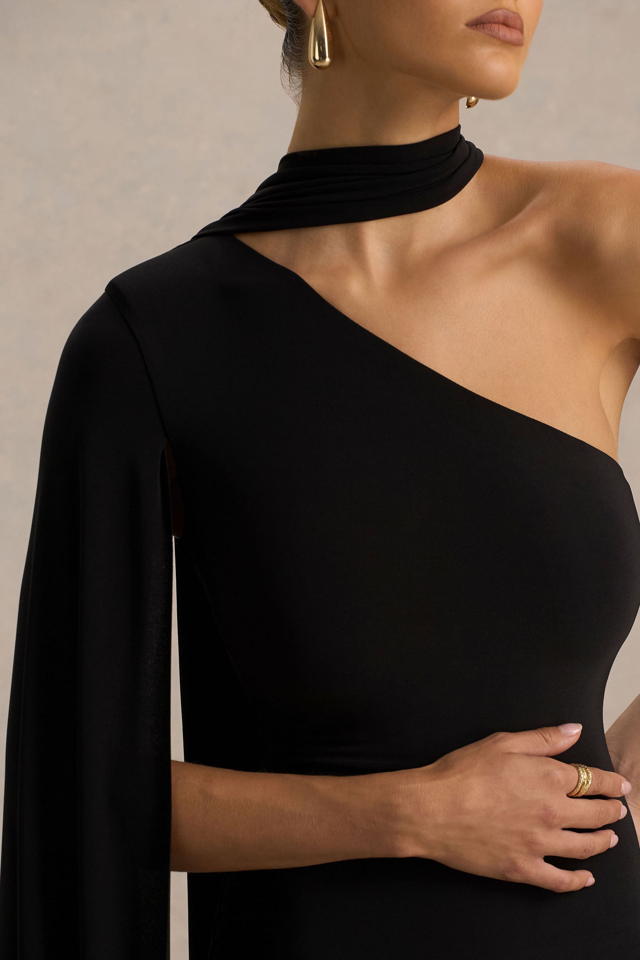 Arianne | Black Asymmetric-Neck Mini Dress With Scarf Detail