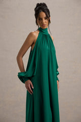 Baila | Bottle Green Satin High-Neck Cape-Sleeve Maxi Dress