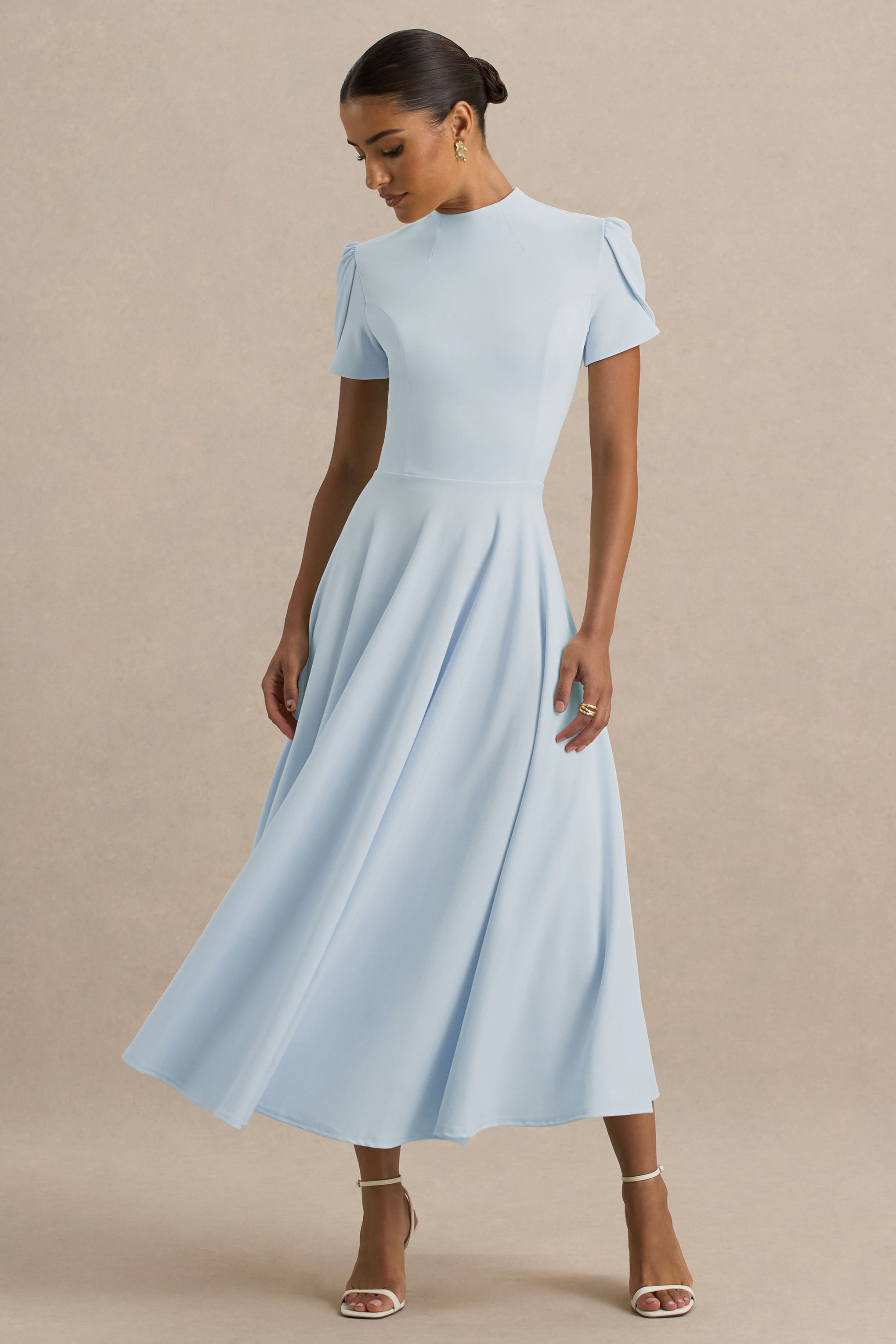 Vicky | Powder Blue High Neck Midi Dress With Puff Sleeves