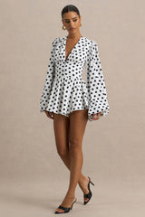 Laurel | White Polka Dot V-Neck Balloon Sleeve Romper
