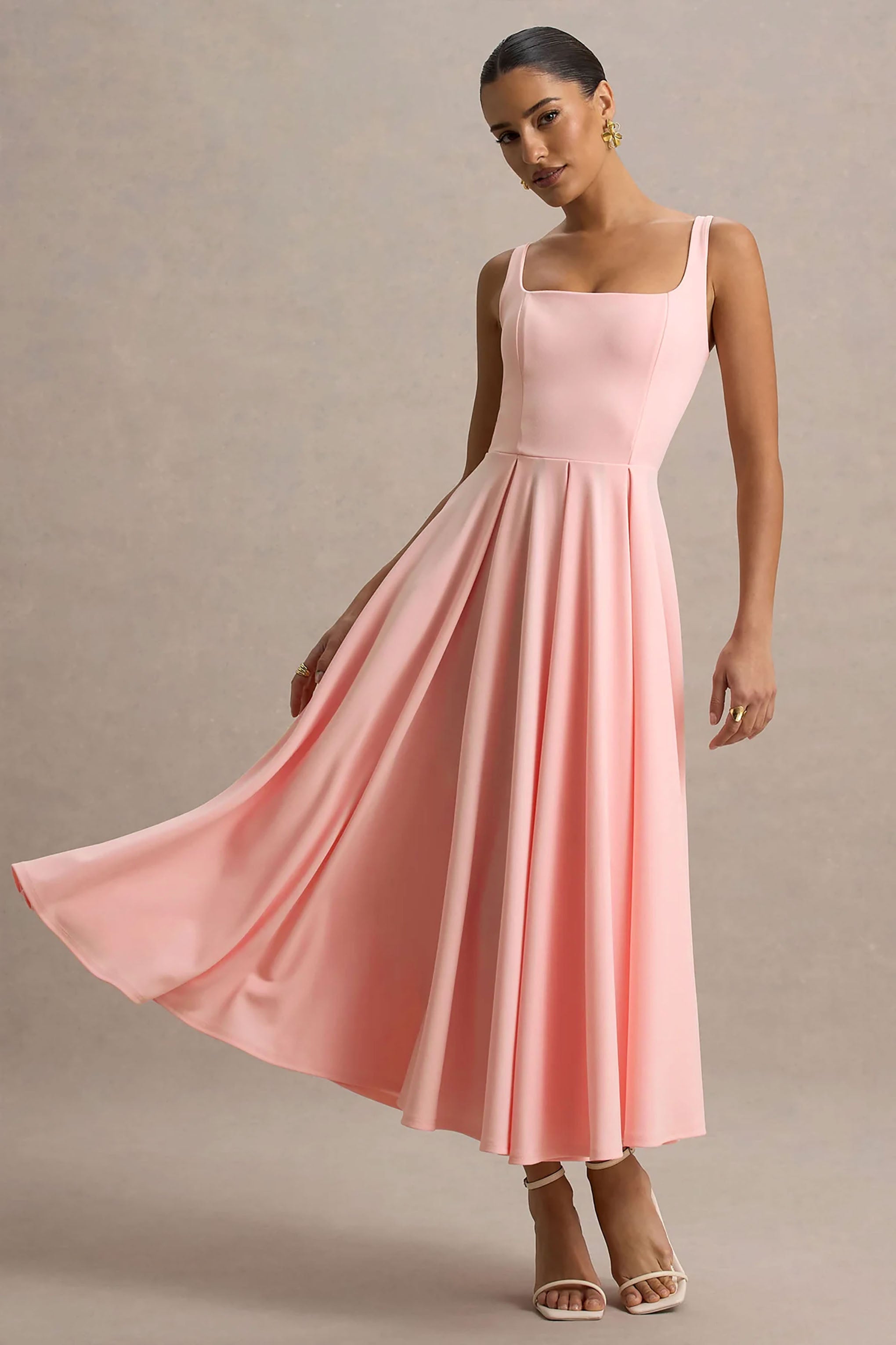 Parina | Pink Strappy Volume-Hem Midi Dress