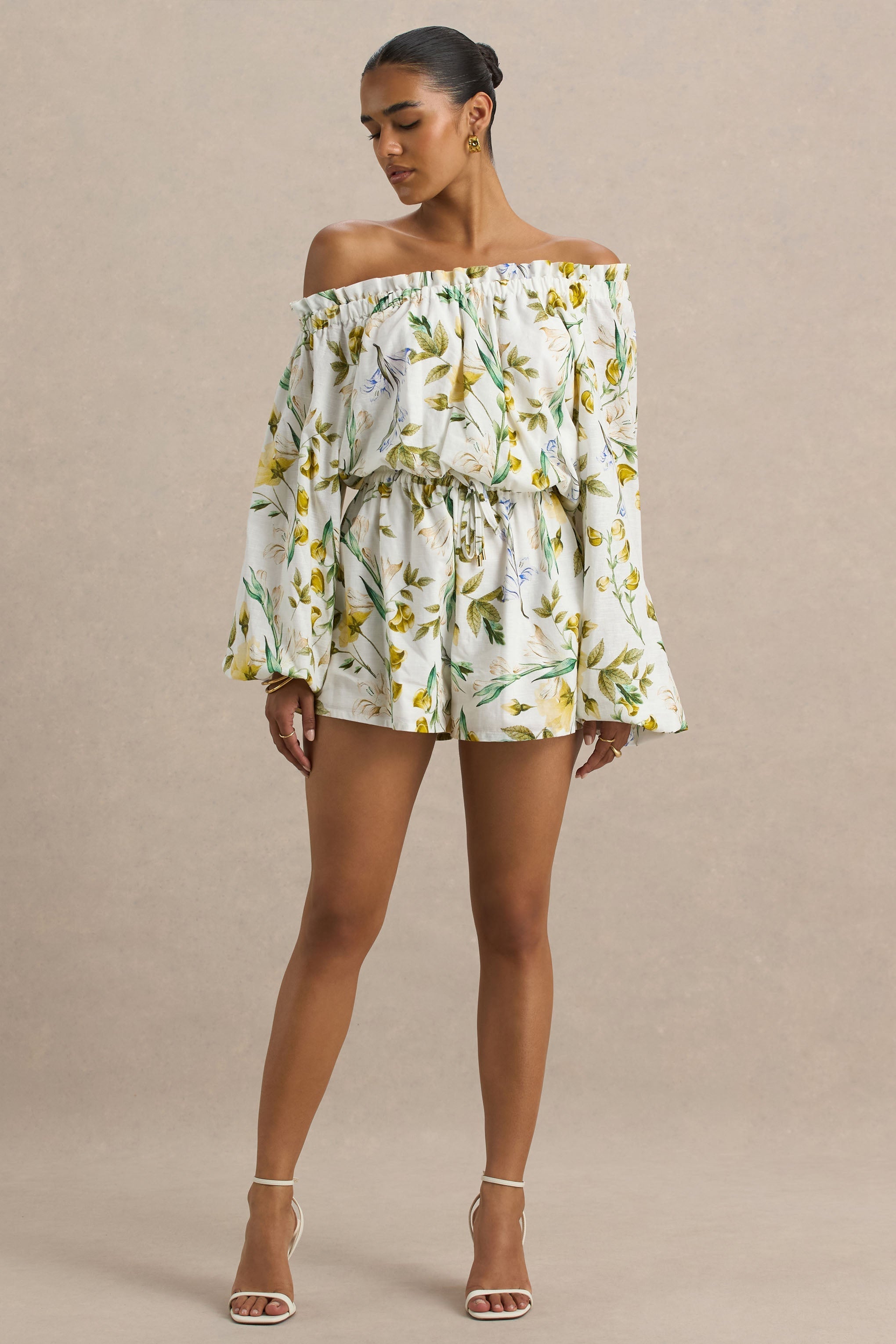 Waterfall | Lemon Floral Print Asymmetric Long-Sleeve Romper