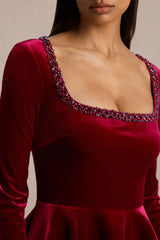 Beloved | Red Velvet Hand-Embellished Square-Neck Mini Dress