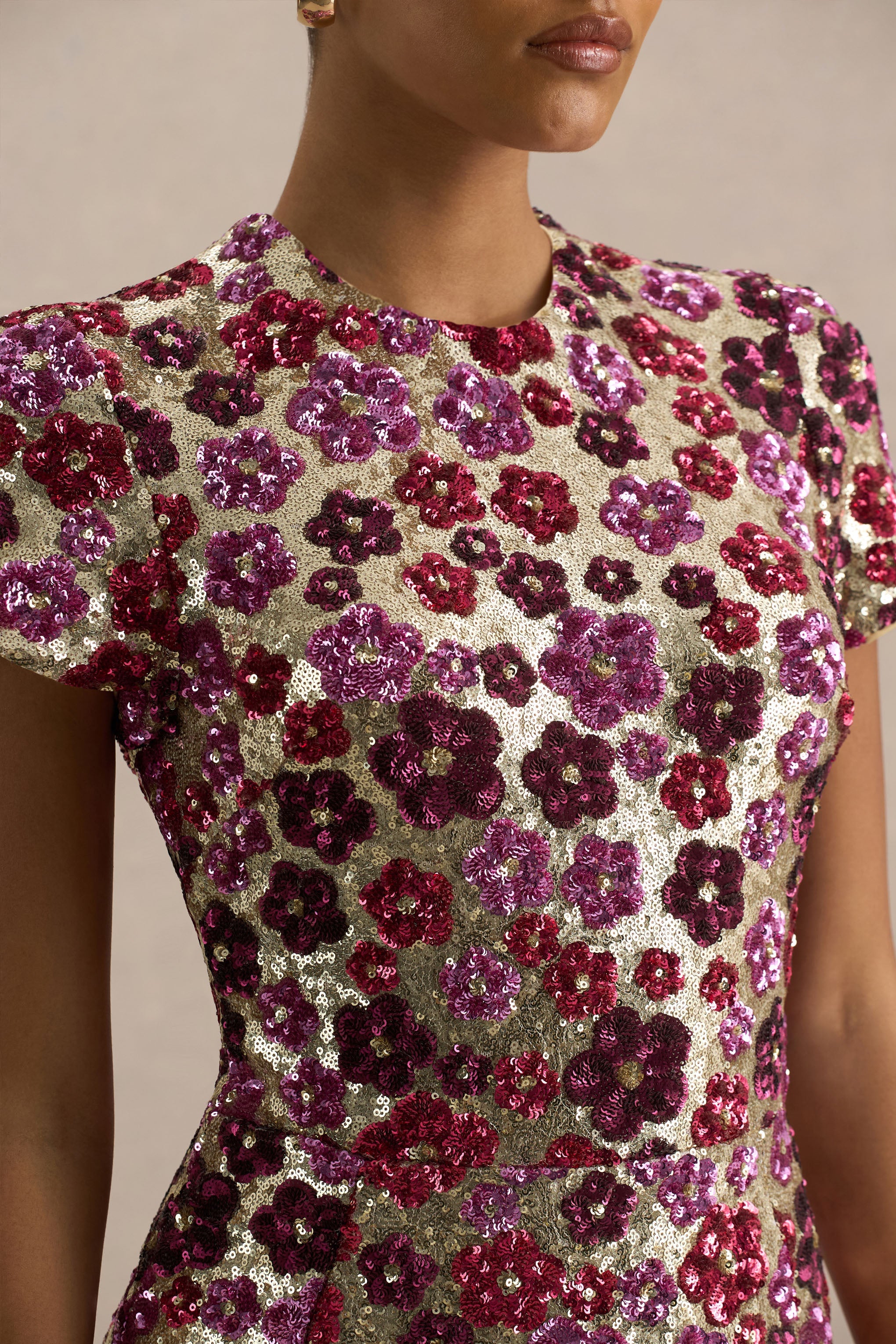 Eira | Pink Floral Embellished Sequin Crew-Neck Mini Dress
