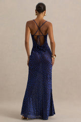 Marya | Blue Leopard Print Cowl-Neck Slip-Maxi Dress