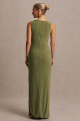 Raven | Olive Boat-Neck Maternity Maxi Dress With Gathered-Detailing
