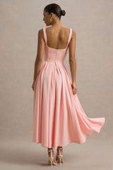 Parina | Pink Strappy Volume-Hem Midi Dress