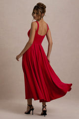 Parina | Red Strappy Volume-Hem Midi Dress