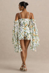 Anaya | Lemon Floral Print Chiffon Romper With Long Sleeves